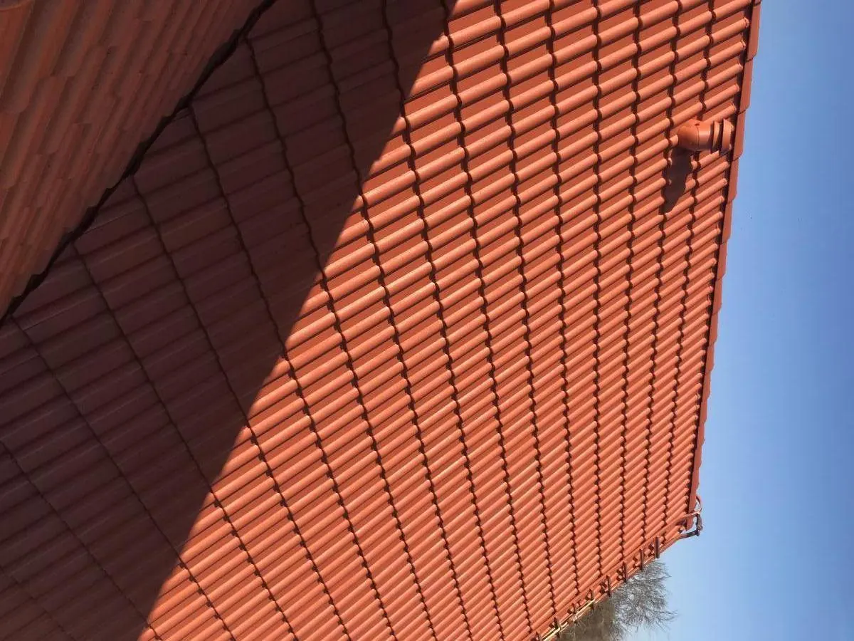 Rangs de tuiles rouges vus au ras du toit